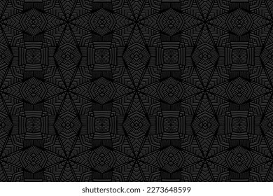 Embossed ethnic black background, abstract cover design. Geometric 3D drawing, press paper, leather. Motives of the East, Asia, India, Mexico, Aztecs, Peru. Dudling, boho, art deco.