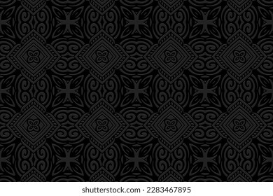 Eingebettet auf schwarzem Hintergrund, Coverdesign. Geometrisches elegantes 3D-Handmuster, Presspapier, Leder. Stammesmotive aus Ost, Asien, Indien, Mexiko, Azteken, Peru.
