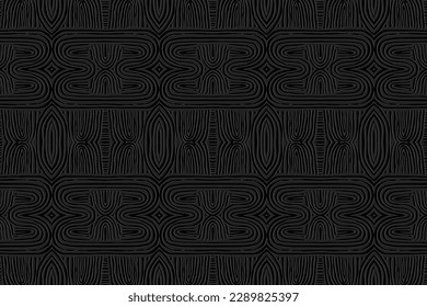 Embossed ethnic black background, cover design. Geometric 3D pattern, press paper, leather. Boho, handmade. Tribal original creativity of the countries of the East, Asia, India, Mexico, Aztecs, Peru.