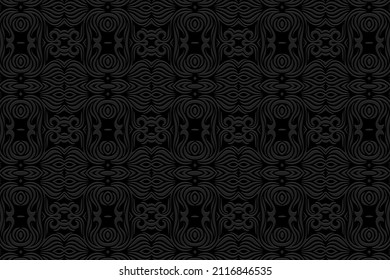 Embossed ethnic black background, curly cover design, art deco style. Geometric monochrome 3D pattern. National flavor of the peoples of the East, Asia, India, Mexico, Aztecs.