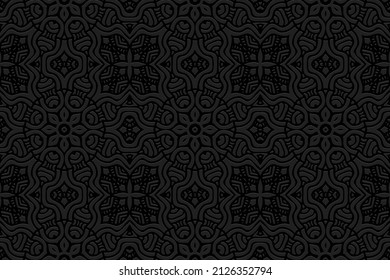 Embossed ethnic black background, exotic cover design. Geometric ornamental 3D pattern. Artistic creativity of the peoples of the East, Asia, India, Mexico, Aztecs in the style of folk traditions.