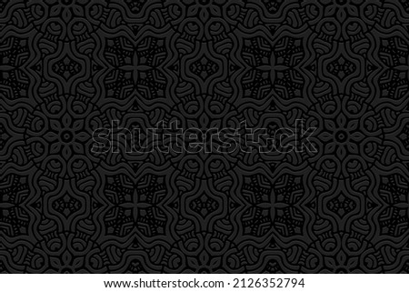 Embossed ethnic black background, exotic cover design. Geometric ornamental 3D pattern. Artistic creativity of the peoples of the East, Asia, India, Mexico, Aztecs in the style of folk traditions.