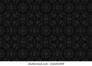 Eingebettet in ethnisch schwarzen Hintergrund, minimalistisches Cover-Design. Geometrisches 3D-Ziermuster. Künstliche Kreativität der Völker Ost, Asien, Indien, Mexiko, Azteken im Stil der Volkstraditionen.