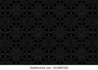Embossed ethnic black background, openwork cover design, art deco style. Geometric monochrome 3D pattern with swirls. National flavor of the peoples of the East, Asia, India, Mexico, Aztecs. 