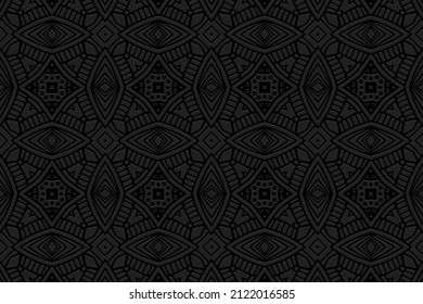 Embossed ethnic black background, spectacular cover design. Geometric trendy ornamental 3D pattern. Artistic creativity of the peoples of the East, Asia, India, Mexico, Aztecs.