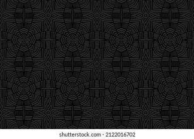 Embossed ethnic black background, spectacular cover design. Geometric creative ornamental 3D pattern. Artistic creativity of the peoples of the East, Asia, India, Mexico, Aztecs.