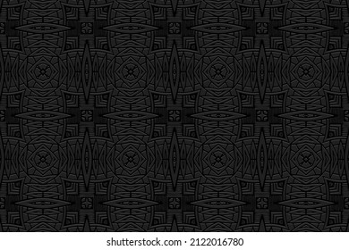 Embossed ethnic black background, spectacular cover design. Geometric exotic ornamental 3D pattern. Artistic creativity of the peoples of the East, Asia, India, Mexico, Aztecs.