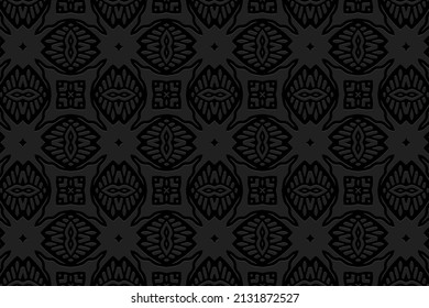 Embossed ethnic colorful black background, exclusive cover design. Geometric ornamental 3D pattern. National elements of creativity of the peoples of the East, Asia, India, Mexico, Aztecs.