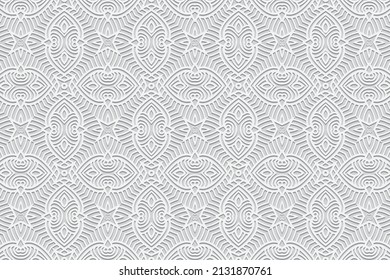 Embossed ethnic openwork white background, exclusive cover design. Geometric ornamental 3D pattern. National elements of creativity of the peoples of the East, Asia, India, Mexico, Aztecs.