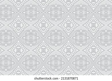 Eingebettet in ethnisch-stylische weißer Hintergrund, exklusives Cover-Design. Geometrisches 3D-Ziermuster. Nationale Elemente der Kreativität der Völker Ost, Asien, Indien, Mexiko, Azteken.