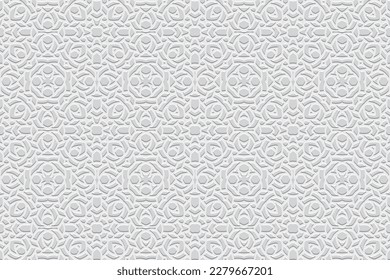 Embossed ethnic white background, cover design. Geometric decorative 3D pattern, press paper, leather. Motives of the East, Asia, India, Mexico, Aztecs, Peru. Dudling, boho, art deco, handmade style.