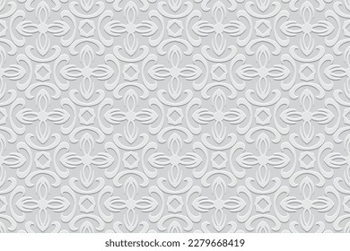 Embossed ethnic white background, cover design. Geometric floral 3D pattern, press paper, leather. Motives of the East, Asia, India, Mexico, Aztecs, Peru. Dudling, boho, art deco, handmade style.