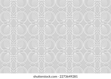 Fondo blanco étnico con relieve, elegante diseño de la portada. Dibujo geométrico 3D, papel de prensa, cuero. Motivos de Oriente, Asia, India, México, Aztecas, Perú. Dudling, boho, art deco.