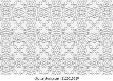 Embossed ethnic white background, eye-catching cover design. Geometric elegant ornamental 3D pattern. Artistic creativity of the peoples of the East, Asia, India, Mexico, Aztecs.