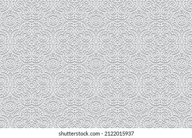 Fondo blanco étnico con relieve, diseño de una cubierta llamativa. Patrón 3D ornamental de apertura geométrica abstracta. Creatividad artística de los pueblos de Oriente, Asia, India, México, Aztecas.