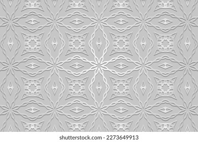 Fondo étnico blanco, diseño de portada de lujo. Dibujo geométrico 3D, papel de prensa, cuero. Motivos de Oriente, Asia, India, México, Aztecas, Perú. Dudling, boho, art deco.