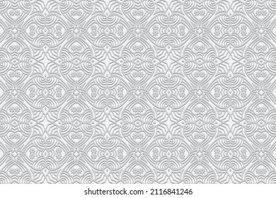 Embossed ethnic white background, modern cover design, art deco style. Geometric monochrome 3D pattern. National flavor of the peoples of the East, Asia, India, Mexico, Aztecs.