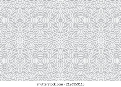 Embossed ethnic white background, openwork cover design. Geometric ornamental 3D pattern. Artistic creativity of the peoples of the East, Asia, India, Mexico, Aztecs in the style of folk traditions.