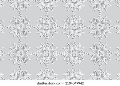 Fondo blanco exótico abstracto, diseño de cubierta floral. Patrón geométrico 3D, estilo hecho a mano. Creatividad étnica de los pueblos de Oriente, Asia, India, México, Azteca.