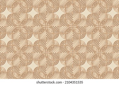 Fondo exótico de color beige, diseño de la cubierta. Patrón 3D geométrico moderno, estilo artesanal. Creatividad étnica de los pueblos de Oriente, Asia, India, México, Azteca.