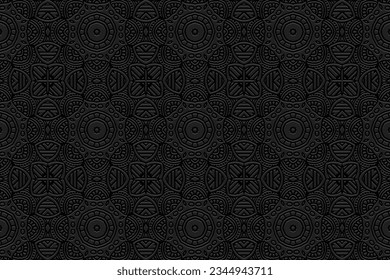 Fondo negro exótico con relieve, diseño de portada. Patrón geométrico 3D, papel de prensa, cuero. Boho, hecho a mano. Color tribal, motivos étnicos de Oriente, Asia, India, México, Azteca, Perú.