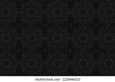 Fondo negro exótico con relieve, diseño de portada étnica. Prensa, estilo boho, arte deco. Patrón tribal geométrico 3d, textura artística de Oriente, Asia, India, México, Aztecas, Perú.