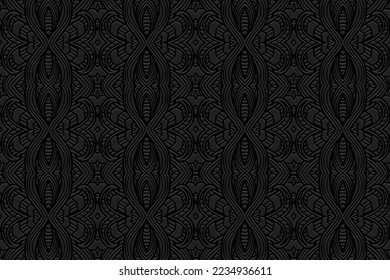 Embossed exotic black background, ethnic cover design. Press paper, doodle and zentangle technique. Geometric 3d pattern. Creative tribal themes of East, Asia, India, Mexico, Aztecs, Peru.