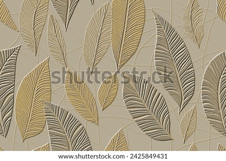 Embossed falling leaves 3d  textured autumn pattern. Beautiful floral relief background. Ornamental vector backdrop. Surface emboss leaves. 3d leafy ornament with embossing effect. Grunge texture.