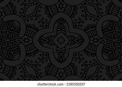Embossed fantasy black background, ethnic cover design. Geometric vintage 3D pattern, arabesque, doodling texture. Tribal exotic ornaments of East, Asia, India, Mexico, Aztecs, Peru.