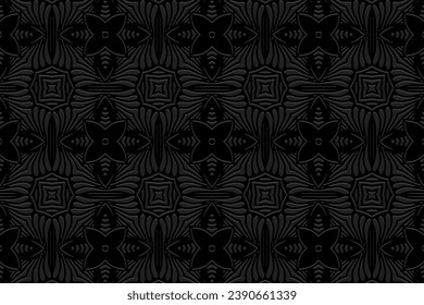 Embossed fashionable black background, cover design. Ornamental boho style, handmade. Geometric ethnic elegant 3D pattern. Arabesques of the East, Asia, India, Mexico, Aztec, Peru.