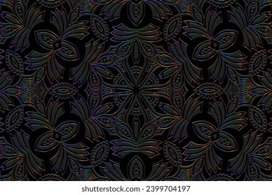 Embossed festive black background, vintage cover design. Boho style, ornamental handmade. Geometric ethnic 3D pattern. Artistic decor of the East, Asia, India, Mexico, Aztec, Peru.