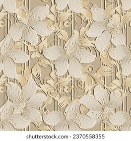 Embossed floral 3d lilies beautiful seamless pattern. Textured relief striped background. Surface emboss hand drawn lily flowers, leaves. 3d modern ornaments with embossing effect. Grunge texture.