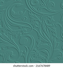 Impresionante estampado floral barroco 3d sin fisuras. Borde de fondo de alivio flojo. Repetir el fondo del vector azul texturizado. Hojas de superficie, ramas. 3 d hermosos adornos vintage con efecto emboscador. 