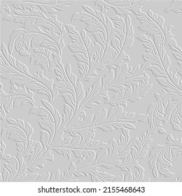 Embossed floral Baroque line art tracery 3d seamless pattern. Leafy relief background. Repeat textured white backdrop. Surface leaves, branches. 3d vintage endless ornaments with embossing effect.