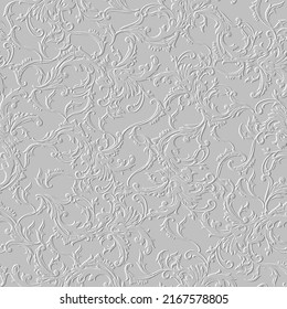 Embossed floral Baroque line art tracery 3d seamless pattern. Leafy relief background. Repeat textured white backdrop. Surface leaves, branches. 3d vintage endless ornaments with embossing effect.