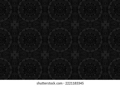 Embossed floral elegant black background, ethnic cover design. Press paper, boho style, art deco. Tribal geometric 3d pattern, artistic texture of East, Asia, India, Mexico, Aztecs, Peru.
