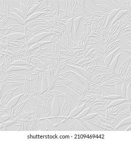 Embossed floral line art tracery 3d seamless pattern. Ornamental beautiful leafy relief background. Repeat textured white backdrop. Surface leaves, branches. 3d endless ornament with embossing effect.