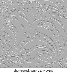 Embossed floral Paisley seamless pattern. Textured white grunge background. Repeat vector emboss backdrop. Floral relief ornaments with surface paisley flowers, leaves, swirls, lines, circles, dots.