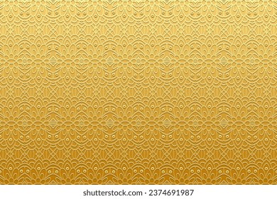 Eingebetener goldener Hintergrund, Cover-Design. Geometrisches 3D-Muster, Presspapier, Leder. Handgefertigte, einzigartige Ornamente. Boho, Stammedekorative Designs von Ost, Asien, Indien, Mexiko, Aztec, Peru.