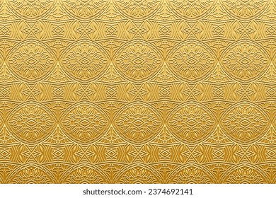 Eingebetener goldener Hintergrund, Cover-Design. Geometrisches 3D-Muster, Presspapier, Leder. Handgefertigte, einzigartige Ornamente. Boho, Stammestylische Designs von Ost, Asien, Indien, Mexiko, Aztec, Peru.
