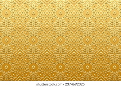 Embossed gold background, cover design. Geometric ethnic 3D pattern, press paper, leather. Handmade, unique ornaments. Boho, tribal vintage designs of East, Asia, India, Mexico, Aztec, Peru.