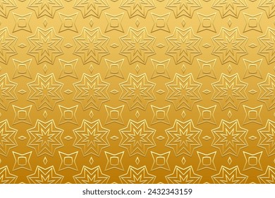 Embossed gold background, cover design. Handmade. Geometric artistic gold 3D pattern. Ornaments, arabesques, boho style. Exotic of the East, Asia, India, Mexico, Aztec, Peru. Ideas for design and deco