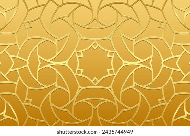 Fondo de oro en relieve, diseño de la cubierta. Hecho a mano. Patrón 3D de oro artístico geométrico. Adornos, arabescos, estilo boho. Tradiciones de Oriente, Asia, India, México, Azteca. Diseño y decoración actuales.