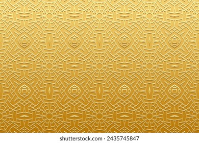 Embossed gold background, cover design. Handmade. Geometric original gold 3D pattern. Ornaments, arabesques, boho style. Traditions of the East, Asia, India, Mexico, Aztec. Current design and decor.