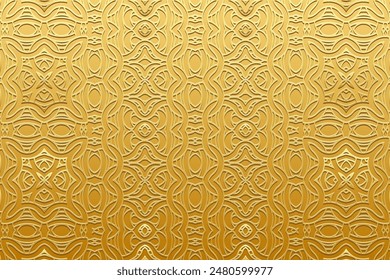 Embossed gold background, cover design, banner. Geometric tribal gold 3D pattern. Ethnic ornaments, arabesques, handmade. Art Deco, traditions of the East, Asia, India, Mexico, Aztec, Peru.