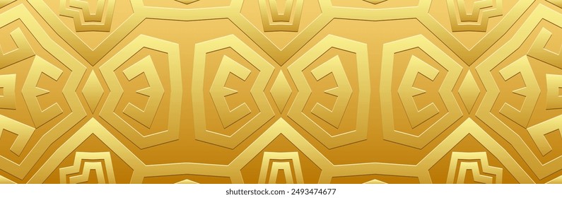 Embossed gold background, cover design, banner. Geometric Greek key gold 3D pattern, ancient meander. Ethnic ornaments. Traditions of the East, Asia, India, Mexico, Aztec, Peru, Greece.