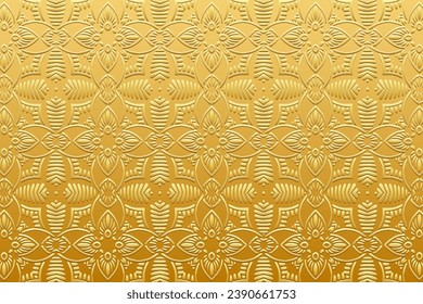 Embossed gold background, festive cover design. Ornamental boho style, handmade. Geometric ethnic 3D pattern, gold texture. Arabesques of the East, Asia, India, Mexico, Aztec, Peru.