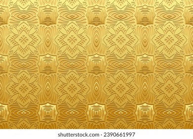 Embossed gold background, festive cover design. Ornamental boho style, handmade. Geometric ethnic unique 3D pattern, golden texture. Arabesques of the East, Asia, India, Mexico, Aztec, Peru.