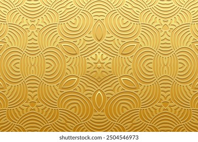 Embossed gold background, tribal cover design, banner. Geometric openwork floral gold 3D pattern, embossing. Ornaments, handmade. Decorative ethnic group of the East, Asia, India, Mexico, Aztec, Peru.