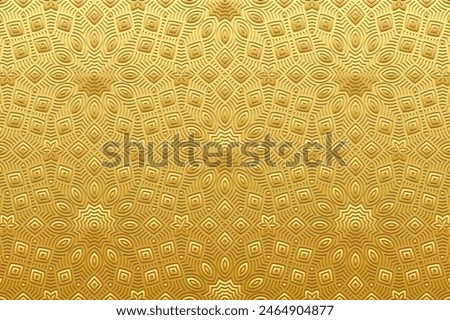 Embossed gold background, tribal cover design, boho style. Geometric gold 3D pattern. Unique ornaments, arabesques, handmade. Exotic ethnic group of the East, Asia, India, Mexico, Aztec, Peru.